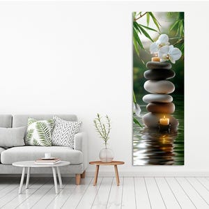 stacked stones with candle, white orchids and bamboo over water reflection, vertical canvas, Art prints, Canvas wall art, Room wall decor, Extra large wall art, Wall decor, Apartment decor