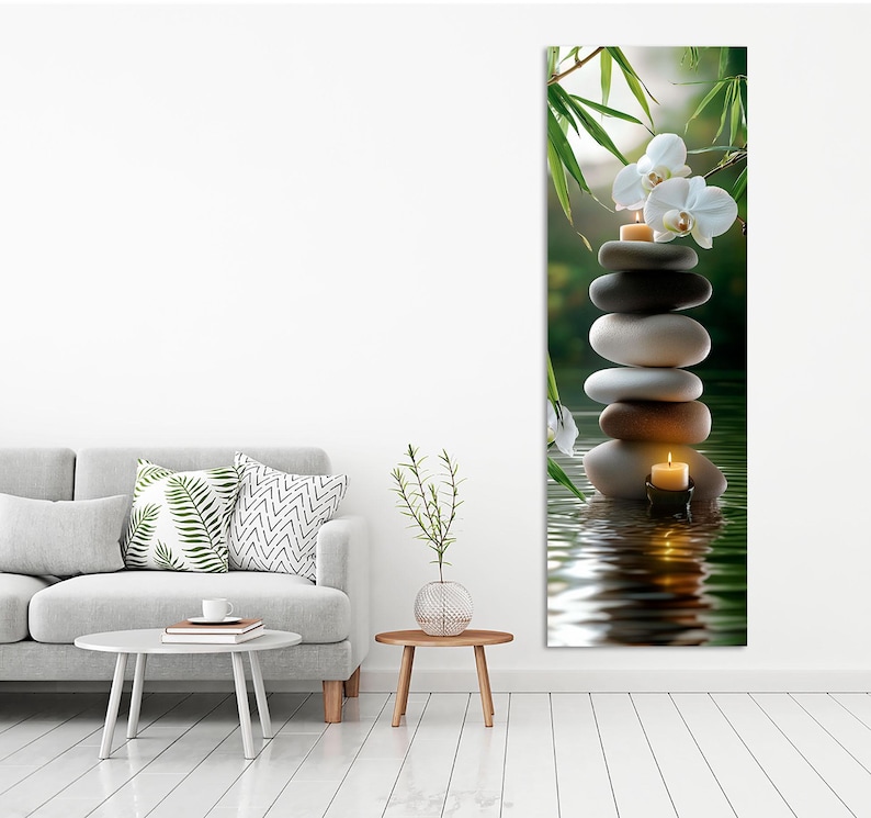 stacked stones with candle, white orchids and bamboo over water reflection, vertical canvas, Art prints, Canvas wall art, Room wall decor, Extra large wall art, Wall decor, Apartment decor