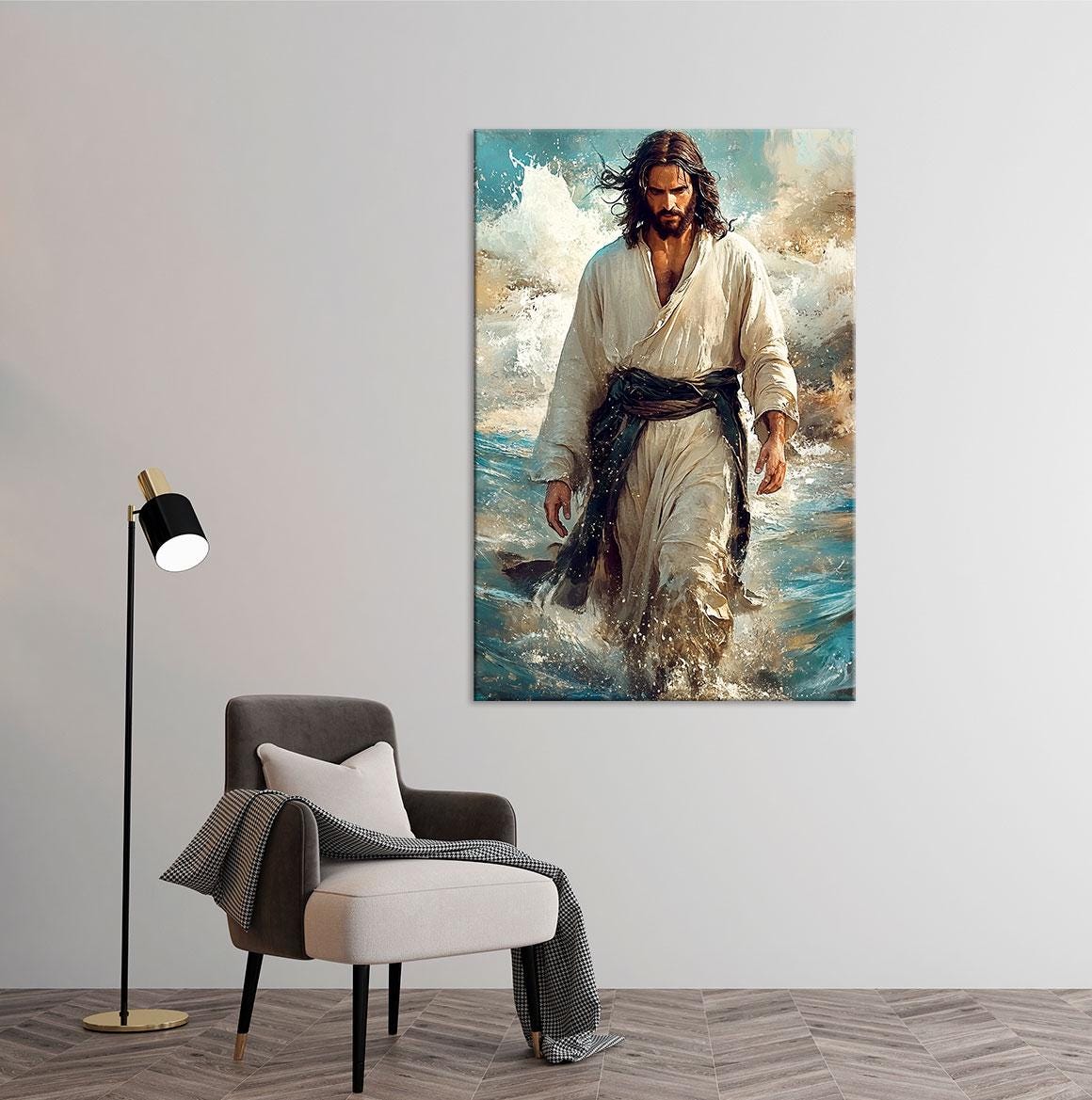 Jesus Walking on Water Canvas Wall Art in Blue and White – Christian ...