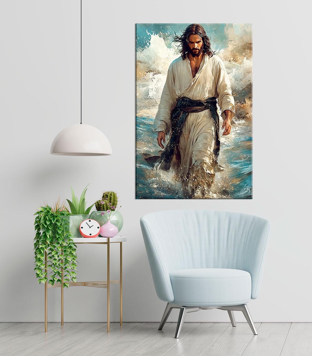 Jesus Walking on Water Canvas Wall Art in Blue and White – Christian ...