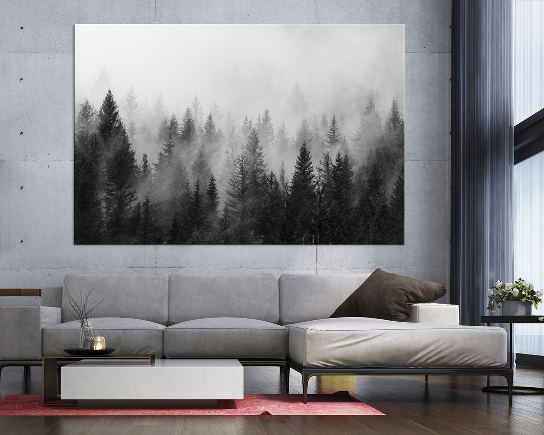 Foggy Forest Black and White Photography Print Large Wall Art Apartment ...