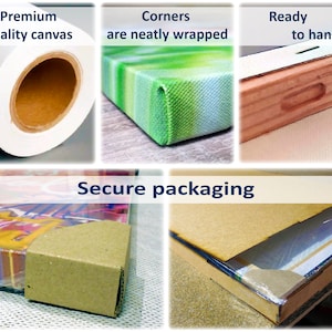 May include: Close-up of a canvas print being packaged. The canvas is wrapped in brown paper with corners secured with tape. The print is ready to hang with a pre-installed hanging system. The canvas is made from premium quality materials and is neatly wrapped around the edges.