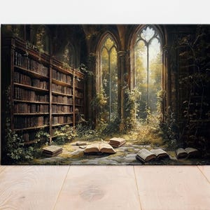 May include: A canvas print depicting a library scene with tall bookshelves filled with books. Sunlight streams through arched windows, illuminating open books on the floor. The scene is overgrown with vines, creating a mystical atmosphere.