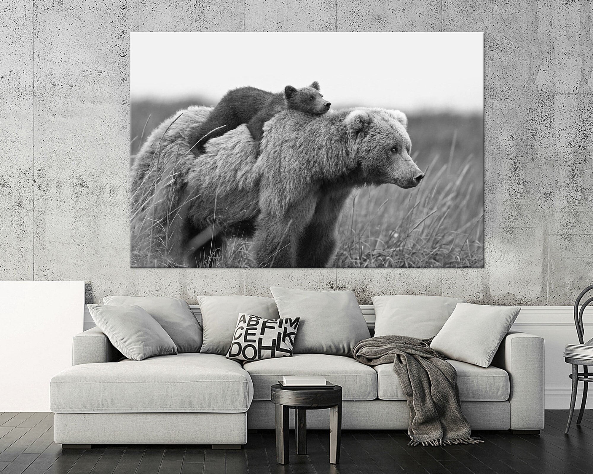 Mom and Baby bears Black and white photo print Large canvas art Nursery decor Bedroom decor Kids room decor Animals picture Free shipping