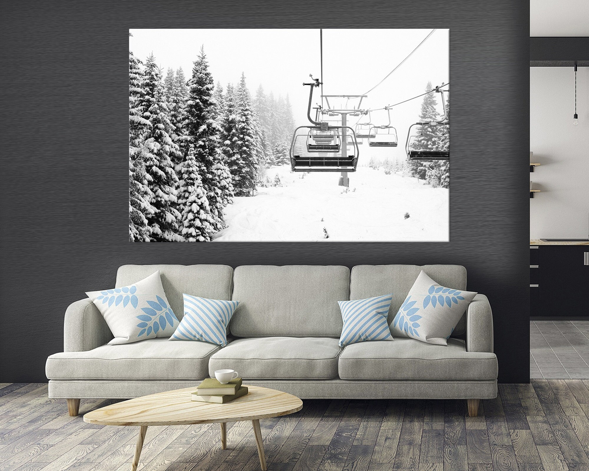 3 Piece Black White Winter Sport Wall Art Set. Ski Lodge