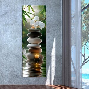 stacked stones with candle, white orchids and bamboo over water reflection, vertical canvas, Art prints, Canvas wall art, Room wall decor, Extra large wall art, Wall decor, Apartment decor