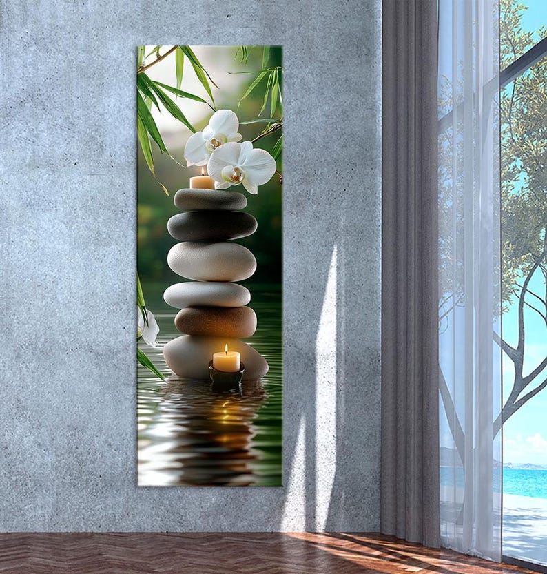 stacked stones with candle, white orchids and bamboo over water reflection, vertical canvas, Art prints, Canvas wall art, Room wall decor, Extra large wall art, Wall decor, Apartment decor