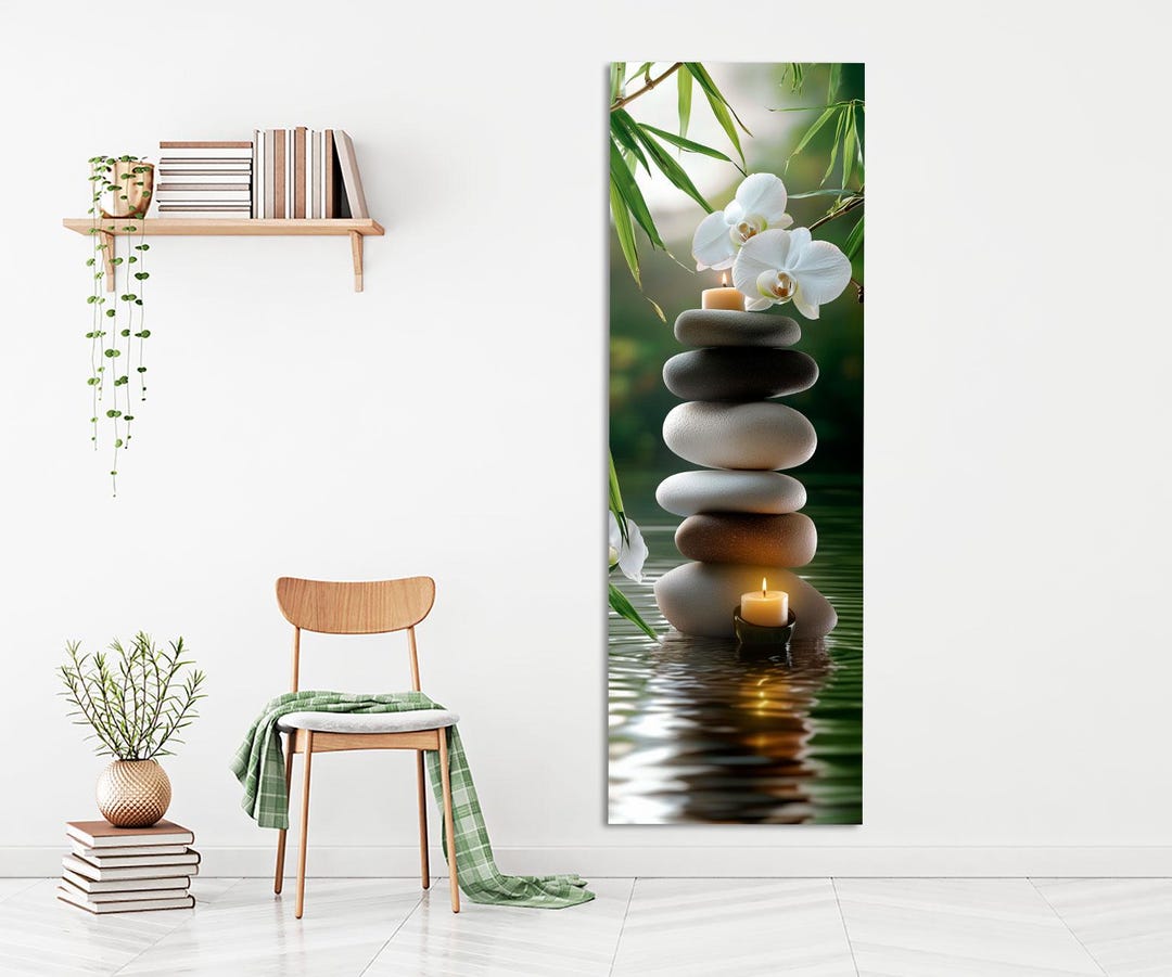 Zen Spa Wall Art – Stacked Stones, Candle and White Orchid With Bamboo ...