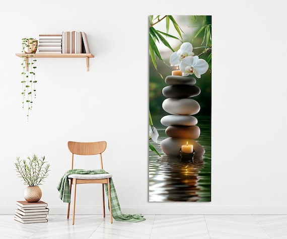Zen Spa Wall Art – Stacked Stones, Candle and White Orchid with Bamboo on Water Reflection Canvas Print for Bathroom, Bedroom or Office