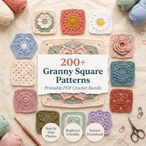 Peut inclure: Une collection de carrés de grand-mère au crochet colorés disposés autour d'un panneau blanc central avec le texte 200+ Granny Square Patterns Printable PDF Crochet Bundle, Step by Step Photos, Beginner Friendly, et Instant Download.