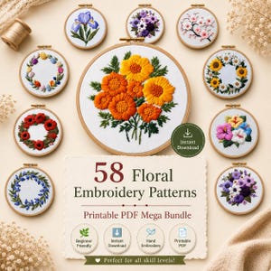Peut inclure: Une collection de dix tambours à broder circulaires en bois présentant divers motifs floraux, notamment des couronnes et des bouquets aux couleurs vives. Une carte rectangulaire centrale affiche le texte 58 Floral Embroidery Patterns Printable PDF Mega Bundle.