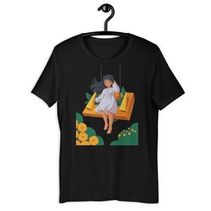 Cute Cartoon Girl on Swing T-Shirt for Women – Whimsical Pastel Aesthetic Tee – Soft Comfort Fit Graphic Shirt – Gift for Dreamers"