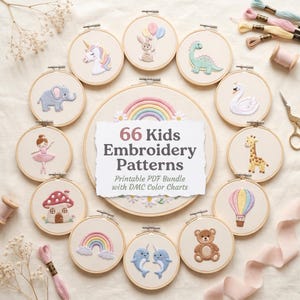Baby Nursery Embroidery Patterns, 66 Kids PDF Designs with DMC Color Chart, Unicorn Rainbow Animals Hand Embroidery,Instant Digital Download