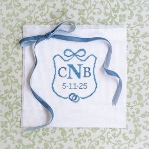 Monogram Bow Crest - Custom Needlepoint Canvas for Wedding, Baby, Birthday or Anniversary