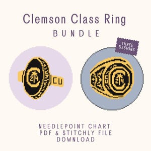 May include: A digital needlepoint chart bundle titled Clemson Class Ring BUNDLE with THREE DESIGNS. The graphic displays two pixelated gold ring illustrations on circular backgrounds, including PDF and STITCHLY FILE DOWNLOAD text.