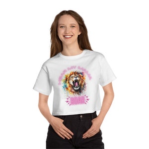 Here My Mama Roar, Champion Women&#39;s Cropped T-Shirt, Crop top, Mom tee, Motherhood, Lion shirt, crunchy mama, crop top for moms, hippie