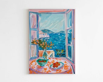 Henri Matisse Open Window Print, Fruit Still Life, Vibrant Floral Painting, Coastal Art, Fauvism Poster, Windowsill Art, Harmonious Print
