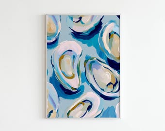 Colorful Oyster Shell Wall Art Print, Coastal Beach House Decor, Abstract Ocean Sea Painting, Blue Nautical Poster, Henri Matisse Print