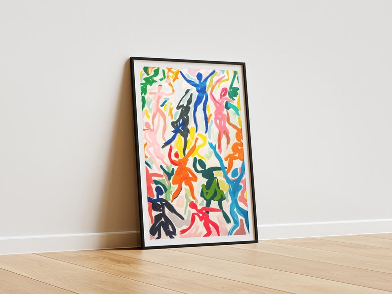 May include: A framed print of an abstract painting featuring colorful figures in various poses. The figures are painted in shades of blue, green, yellow, orange, pink, and red against a white background.