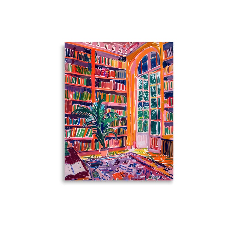 Large office wall art with vibrant book shelves and natural light