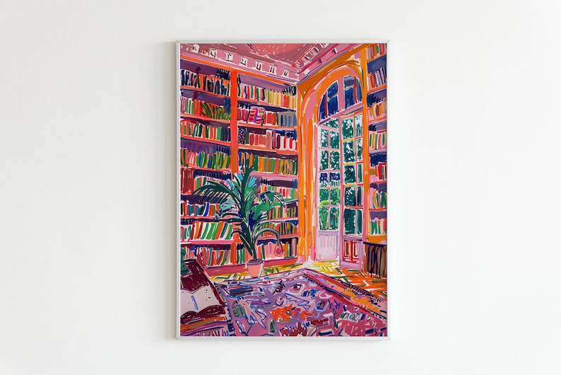 Colorful book art print with vibrant library interior design