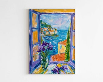 Henri Matisse Open Window Print, Irises Flower Painting, Coastal Fauvism Art, Colorful Floral Home Decor, Harmonious Still Life Poster