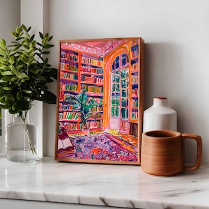 Book wall art showcasing colorful books and patterned rug design