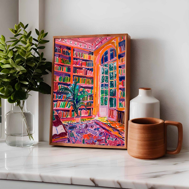 Book wall art showcasing colorful books and patterned rug design
