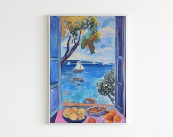 Henri Matisse Open Window Poster, Ocean View with Grapes Art Print, Colorful Coastal Wall Decor, Fauvism Painting, Matisse Artwork