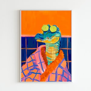Alligator Poster, Maximalist Bathroom Wall Art, Dopamine Decor, Pink Kitsch Aesthetic, Trendy Animal Decor, Preppy Wall Art