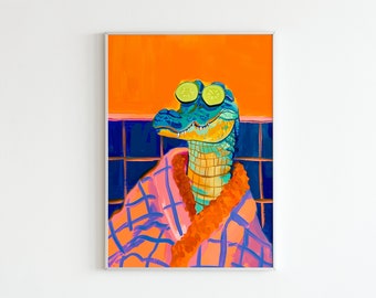 Alligator Poster, Maximalist Bathroom Wall Art, Dopamine Decor, Pink Kitsch Aesthetic, Trendy Animal Decor, Preppy Wall Art