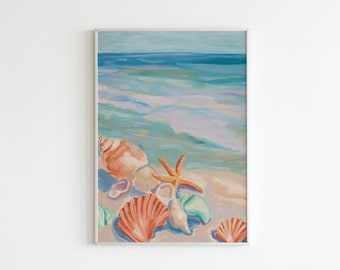 Beach Wall Art - Coastal Decor with Seashells and Starfish, Ocean Painting for Beach House, Nautical Summer Wall Art, Seaside Shoreline View