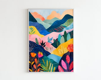 Colorful Mountain Landscape Poster, Abstract Floral Wall Art, Vibrant Nature Print, Modern Patchwork Artwork, Scenic Home Decor