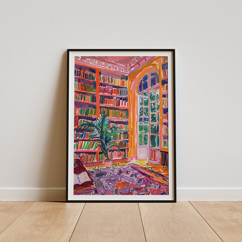 Office wall art poster with colorful bookshelf and cozy reading space
