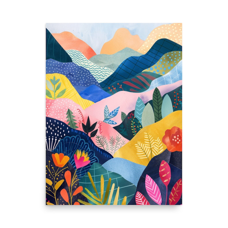Colorful Mountain Landscape Poster, Abstract Floral Wall Art, Vibrant Nature Print, Modern Patchwork Artwork, Scenic Home Decor