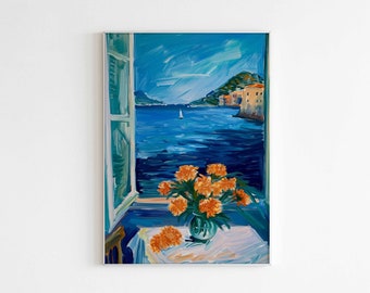 Henri Matisse Open Window Print, Orange Marigold Painting, Coastal Fauvism Art, Colorful Floral Home Decor, Harmonious Still Life Poster