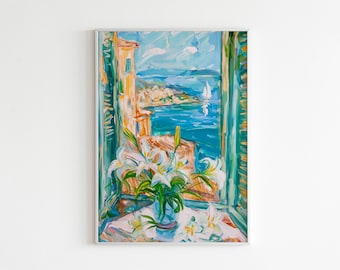 Henri Matisse Open Window Print, Lilies Floral Windowsill Painting, Coastal Mediterranean Wall Art, Fauvism, Harmonious Poster, Still Life