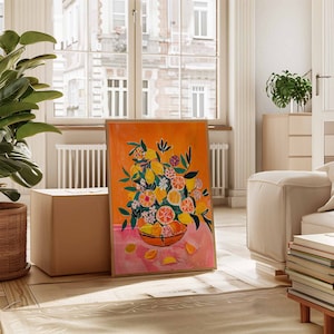 May include: A painting of a bowl filled with lemons, oranges, and flowers on a pink background. The bowl is surrounded by lemons and oranges. The background is a bright orange.