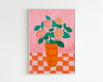 Matisse Flower Market Poster, Retro Floral Wall Art, Pink Orange Abstract Flowers, Funky Vase Print, Maximalist Botanical Decor, 70s Style