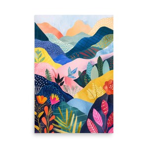 Colorful Mountain Landscape Poster, Abstract Floral Wall Art, Vibrant Nature Print, Modern Patchwork Artwork, Scenic Home Decor