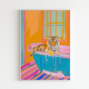 Tiger in Bath Poster, Maximalist Bathroom Print, Dopamine Decor, Preppy Wall Art, Pink Kitsch Aesthetic, Trendy Home Decor, Tiger Bathroom