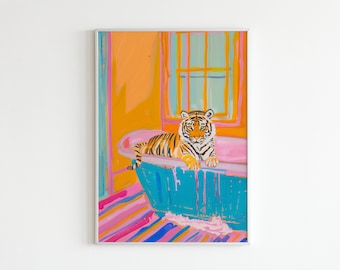 Tiger in Bath Poster, Maximalist Bathroom Print, Dopamine Decor, Preppy Wall Art, Pink Kitsch Aesthetic, Trendy Home Decor, Tiger Bathroom