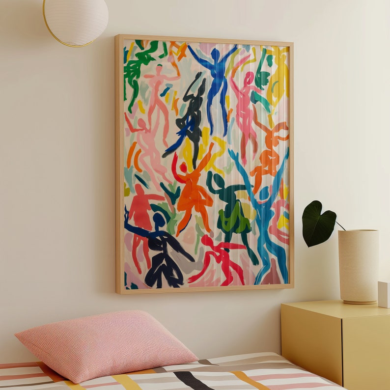 May include: Abstract art print featuring a colorful and vibrant design of dancing figures in various shades of blue, green, red, orange, yellow, and pink. The figures are outlined in black and set against a white background.