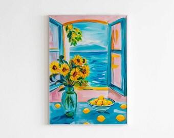 Henri Matisse Open Window Print, Sunflower Painting, Coastal Mediterranean Art, Colorful Fauvism, Harmonious Floral Wall Art, Still Life