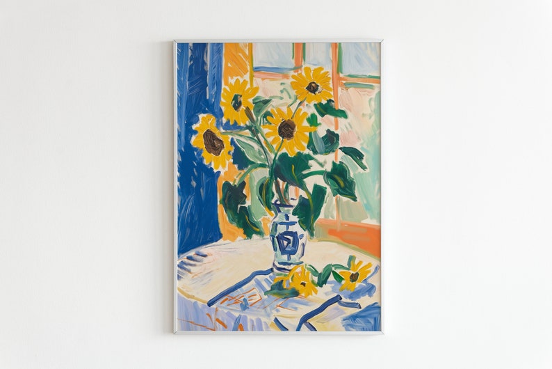May include: A painting of a bouquet of yellow sunflowers in a blue and white vase on a white tablecloth. The sunflowers are in a vase on a table in front of a window with blue curtains.