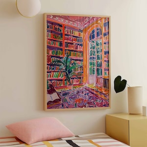 Modern book wall art featuring bookshelves and tall arched window
