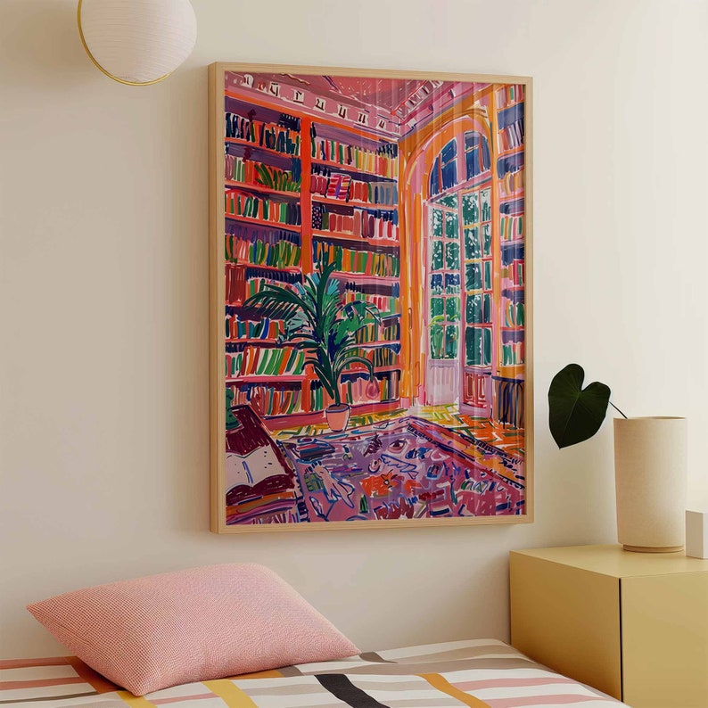 Modern book wall art featuring bookshelves and tall arched window