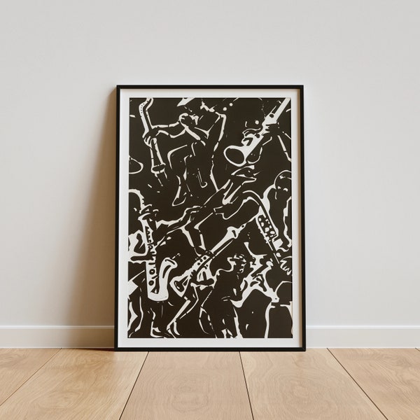 Abstract Jazz Band Art Poster, Monochrome Saxophone Wall Art, Black & White Musician Print, Modern Music Decor, Rhythmic Home Accent