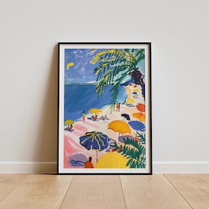 May include: A framed painting of a beach scene with palm trees, people, and colorful umbrellas. The painting is done in a bright, colorful style.