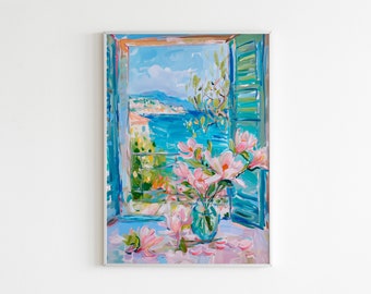 Henri Matisse Open Window Print, Magnolias Floral Windowsill Painting, Coastal Mediterranean Wall Art, Fauvism, Harmonious Still Life